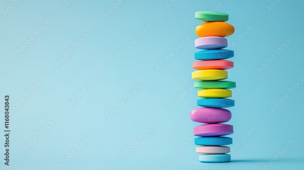 Poster a colorful stack of circular objects against a light blue background, showcasing a playful, modern d