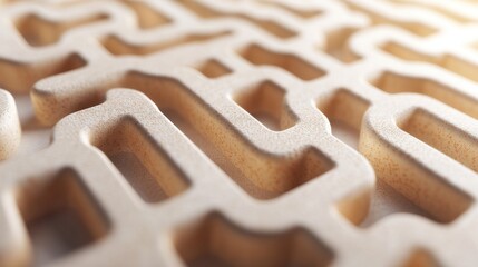 A close-up view of a maze-like pattern carved into a light wooden surface, showcasing intricate paths and textures.