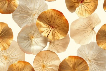 Delicate botanical art with golden lotus leaves arranged in a seamless pattern, ideal for wallpaper, prints, and textile design with a refined touch. 