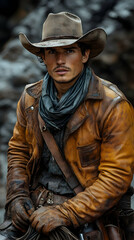 Obraz premium A handsome cowboy in a weathered leather jacket and hat sits astride a horse.