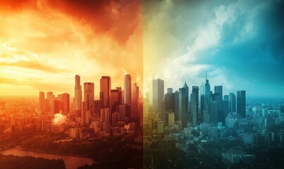 Fototapeta premium City skyline split, warm and cool tones.