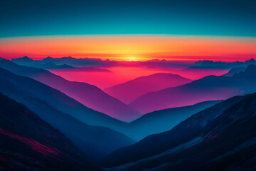 Obraz premium Vibrant sunset over layered mountain ranges.