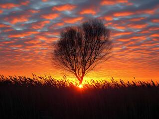 Vibrant sunrise paints the sky orange and red, silhouetting a lone tree amidst tall grass.