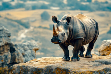 Obraz premium A Rhinoceros Standing on Rocky Terrain with Scenic Landscape Background. generative ai .
