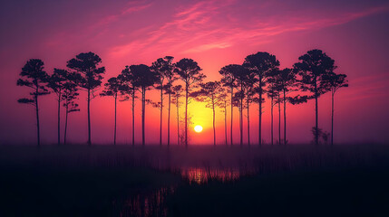 Vibrant sunrise over silhouetted pines reflecting in still water.