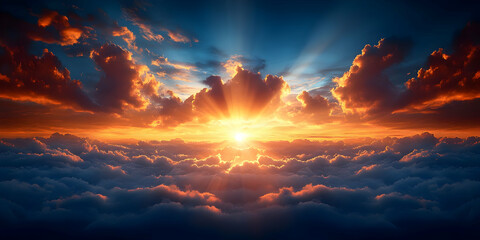 Fototapeta premium Vibrant sunset over a sea of clouds, sun rays breaking through.