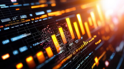 Visual representation of data trends with vibrant bar graphs and digital elements, showcasing correlation and analysis in modern, tech inspired design