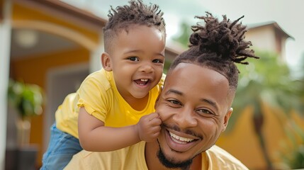 Fototapeta premium A joyful Black father smiles as his toddler playfully pulls his cheek, showcasing their strong bond in a bright, cheerful setting.