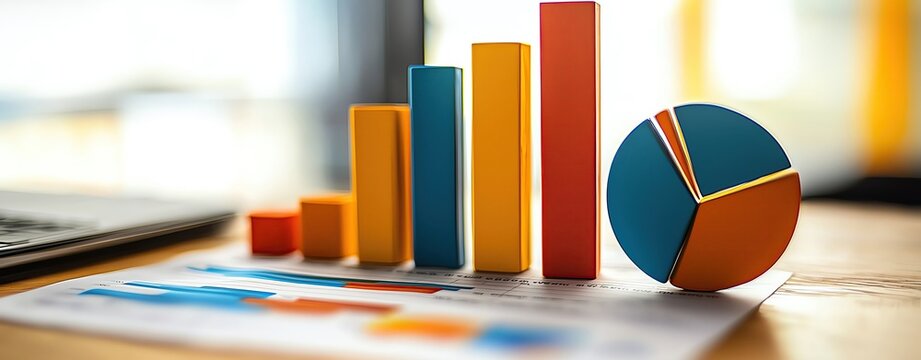 A photostock of colorful bar and pie charts on a desk, representing financial data and business reports