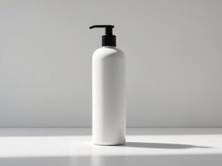 a white cylindrical bottle with a black pump dispenser, isolated on a light gray background. Perfect for branding, packaging design, and product presentations.
