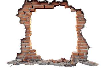 Destroyed wall with a red brick hole in the middle isolated on white background vertical frame grunge frame High quality photo