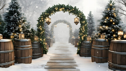 A Christmas tree arch in a wooden barrel, decorated with garlands and lanterns. The floor is covered in snow, and the background has a misty white color scheme. 