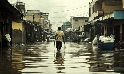 Fototapeta premium Flooded street, person walks, buildings surround.
