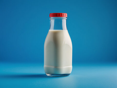 a glass milk bottle with a red cap, filled with milk, placed against a vibrant blue background.