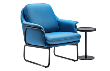 A capacitive touch screen blue office chair with a black metal frame and side table, isolated on a white background