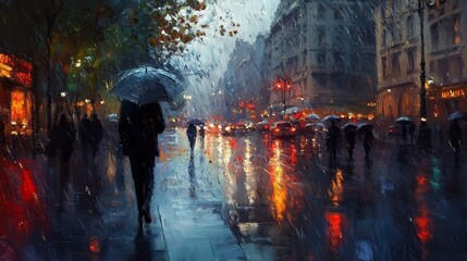 Rainy city street scene; figures with umbrellas.