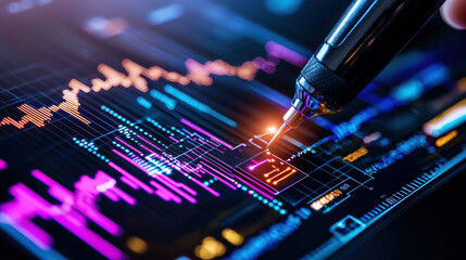 close up of digital screen displaying colorful financial data and graphs, with stylus pen interacting with interface, showcasing modern technology and analytics