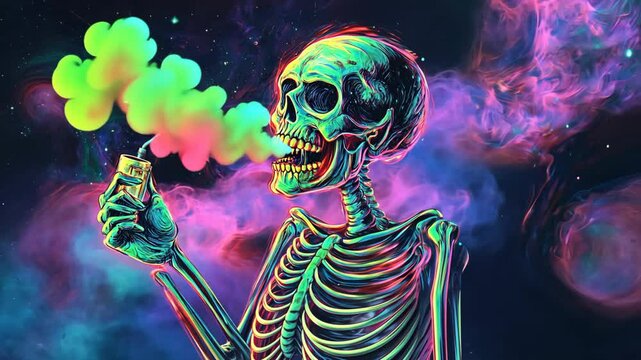 smoking skeleton in punk pop style illustration animation with bright neon tone color 