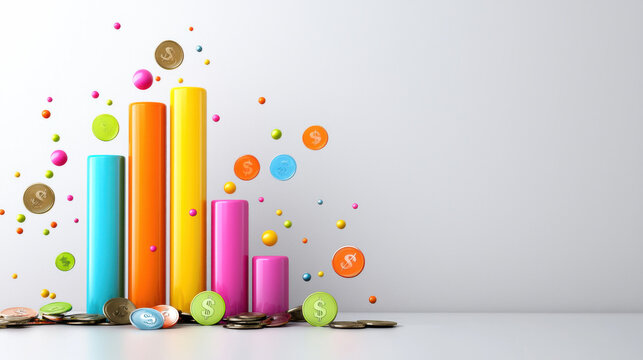 Colorful 3D bar chart next to scattered coins and vibrant tokens, representing financial growth and investment opportunities. lively colors create engaging visual