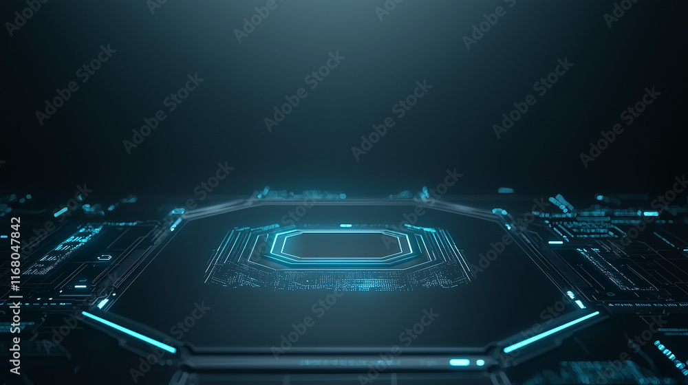 Poster cybernetic core: futuristic circuit board with glowing central processor