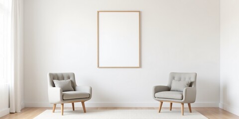 Fototapeta premium Two Armchairs in a Room with a White Wall and a Big Frame Poster: Scandinavian Style Interior Design of a Modern Living Room
