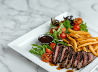 A gourmet plate featuring perfectly grilled lamb chops, thinly sliced and generously drizzled with rich black pepper sauce. Served with a small side of crisp salad, vibrant cherry tomatoes, and golden