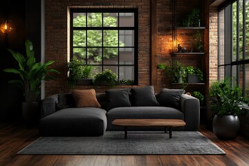 Fototapeta premium Industrial-style loft living room with a blurred background and minimalist furniture 