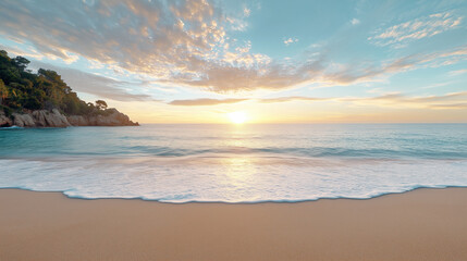 serene beach at sunset with gentle waves and colorful sky