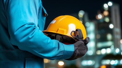 Technician holding safety helmet in petrochemical industrial setting

