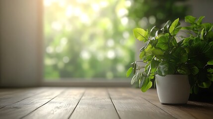 Fototapeta premium Minimalist room with white walls, wooden floor, and indoor plants, with a soft blurred background 