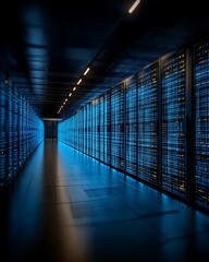 Illuminated server room corridor with glowing data racks.