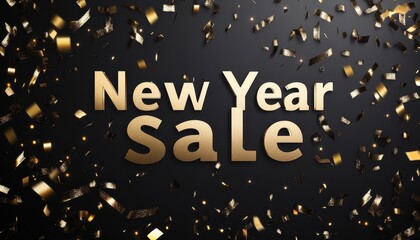 Sleek Metallic "New Year Sale" Text with Golden Accents and Confetti on Black Background
