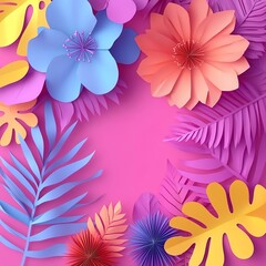 Obraz premium Vibrant paper flowers, leaves, and holographic reflections framing a pink gradient background, perfect for custom invitations and greeting card designs