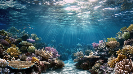 Obraz premium Vibrant coral reef with colorful corals and sunlight filtering through water