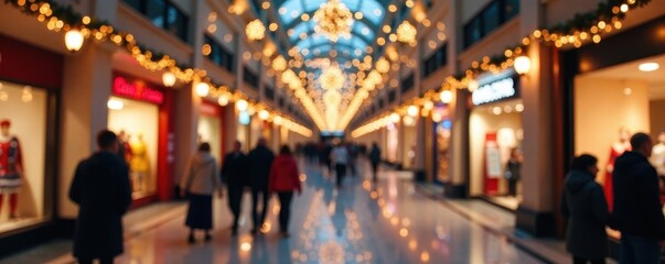 Festive bokeh, blurred mall interior, holiday lights, mall interior, blurred background