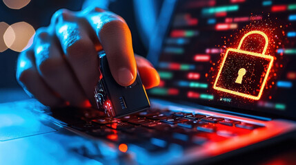 hand using device on laptop with digital lock symbol, representing cybersecurity and data protection. vibrant colors and glowing elements convey sense of urgency and innovation