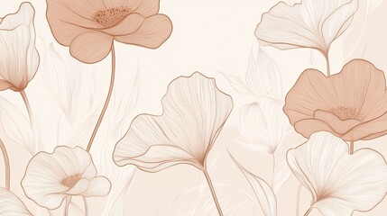 Delicate Brown Line Art Floral Design on Beige Background