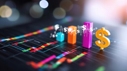 vibrant financial graph showcasing colorful bars and dollar signs, symbolizing growth and investment trends. image captures essence of economic progress and analysis