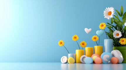 Bright and colorful arrangement of flowers and decorative objects on blue background, creating cheerful and vibrant atmosphere