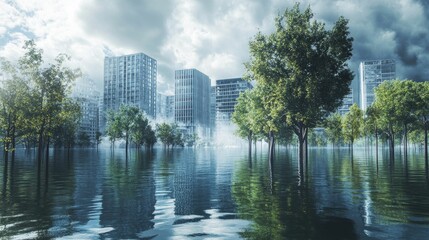 Flooded city; trees submerged; ominous sky.
