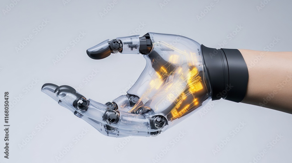 Poster transparent robotic hand with illuminated components showcasing technology.