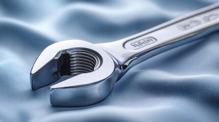 Obraz premium Close-up of a shiny adjustable wrench on blue fabric.