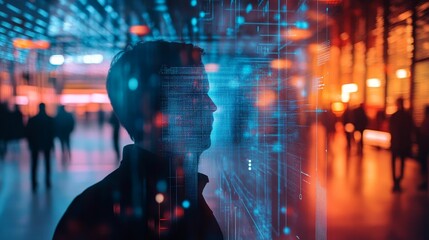 Silhouette, data stream, city blur, digital overlay, night.