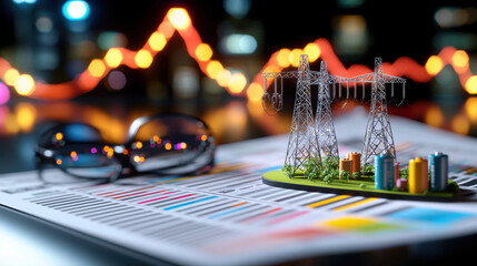 miniature power line model on financial report with energy stock updates, showcasing vibrant colors and blurred background of city lights