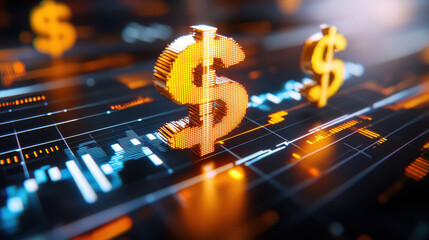 Futuristic digital display featuring glowing dollar signs and stock market data. vibrant colors and dynamic lines create engaging atmosphere for financial analysis
