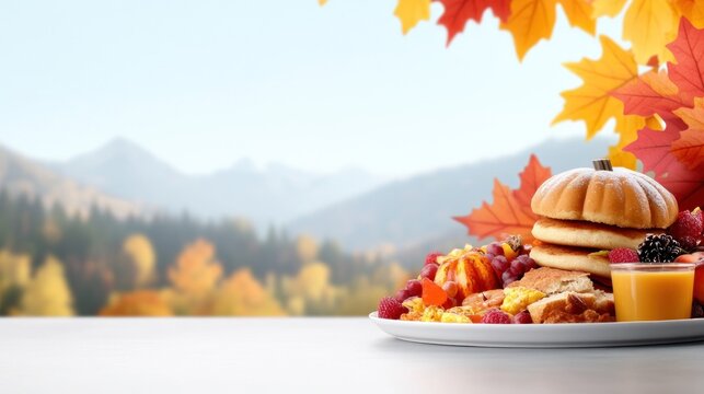 A delicious autumn breakfast spread with scenic mountain backdrop.