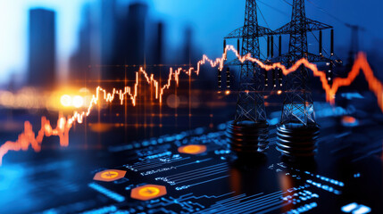 digital representation of global energy market, featuring power line icons and fluctuating graphs. This captures dynamic nature of energy trading and infrastructure