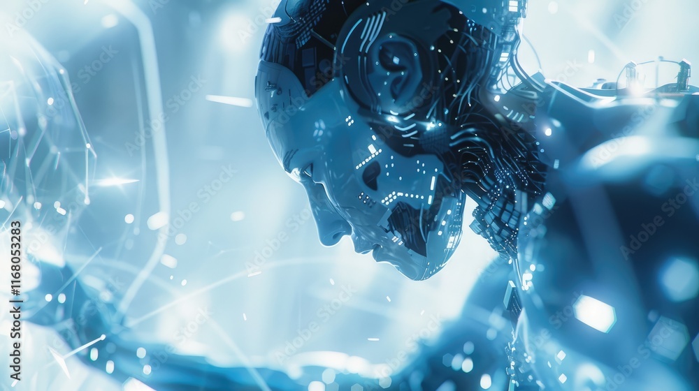 Aufkleber A close-up of an AI robot's head surrounded by swirling data and holographic effects, symbolizing advanced technology. Ideal for AI, robotics, and futuristic technology-themed projects