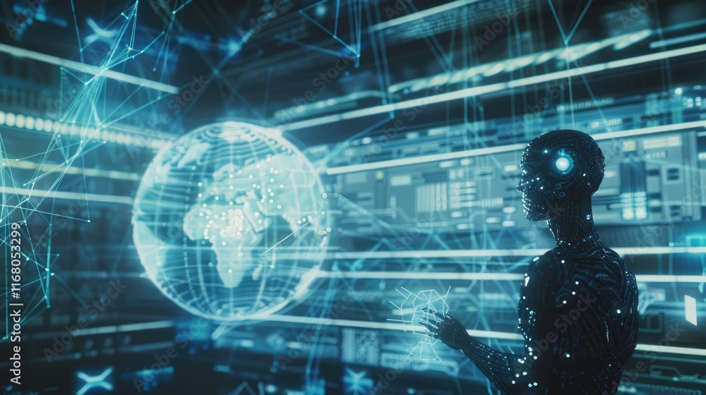 Aufkleber An AI robot with glowing eyes, surrounded by holographic screens and lines of code representing data and AI technology. Ideal for AI, robotics, and tech innovation-themed visuals