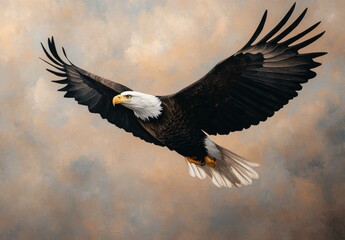 Fototapeta premium Bald eagle soaring in dramatic skies over serene landscape nature photography majestic atmosphere